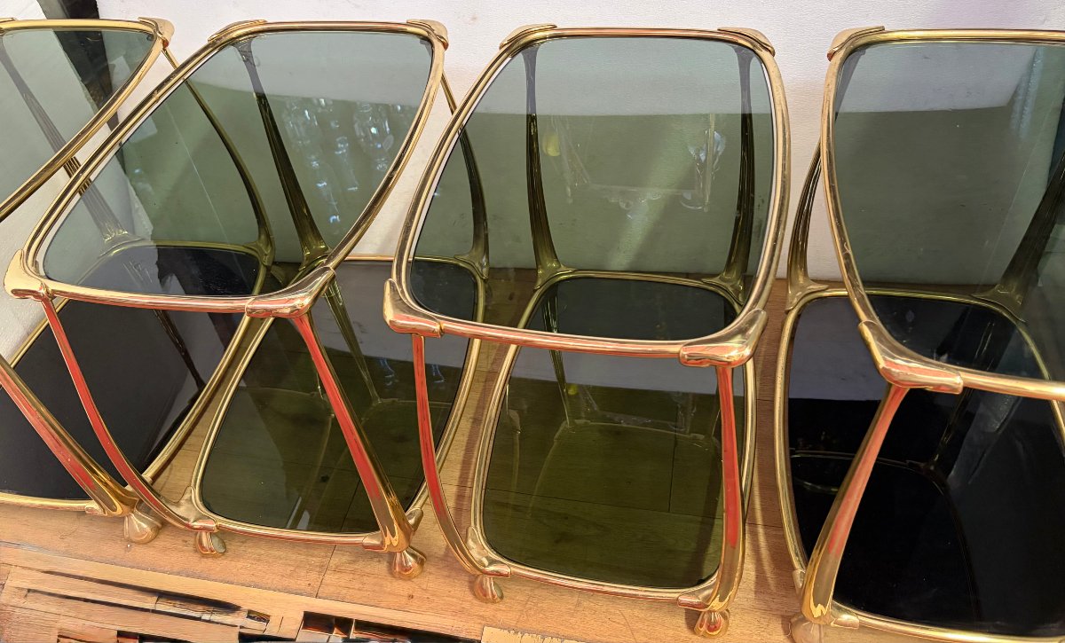 1970s–1980s: Set Of 4 Two-tiered Gilded Bronze Art Nouveau-style Tables, With Glass Tops Measuring 52 X 37 Cm-photo-6