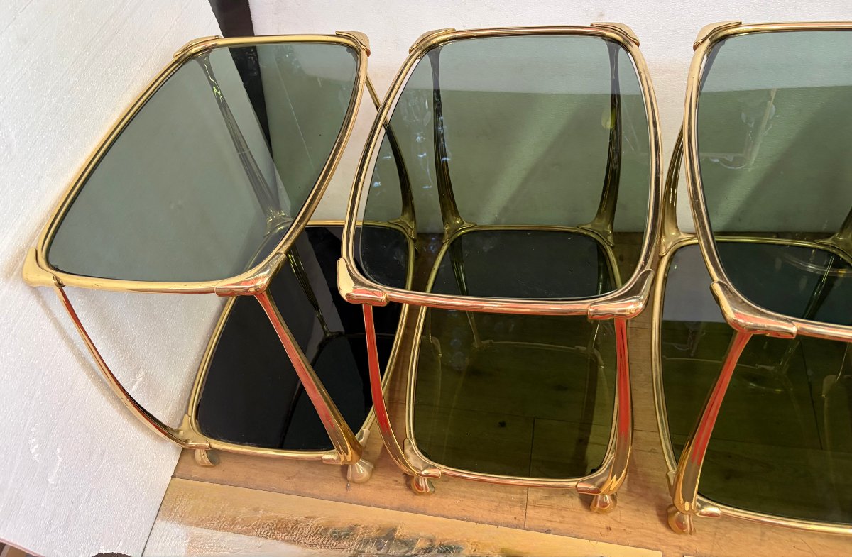 1970s–1980s: Set Of 4 Two-tiered Gilded Bronze Art Nouveau-style Tables, With Glass Tops Measuring 52 X 37 Cm-photo-7