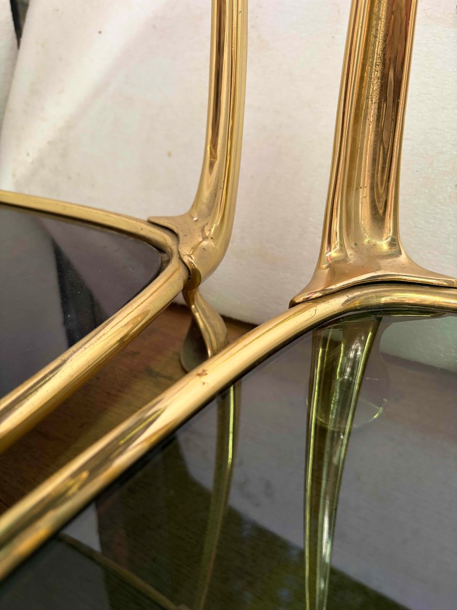 1970s–1980s: Set Of 4 Two-tiered Gilded Bronze Art Nouveau-style Tables, With Glass Tops Measuring 52 X 37 Cm-photo-8