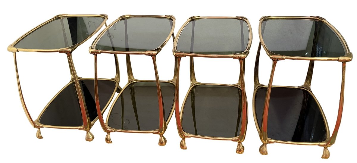 1970s–1980s: Set Of 4 Two-tiered Gilded Bronze Art Nouveau-style Tables, With Glass Tops Measuring 52 X 37 Cm