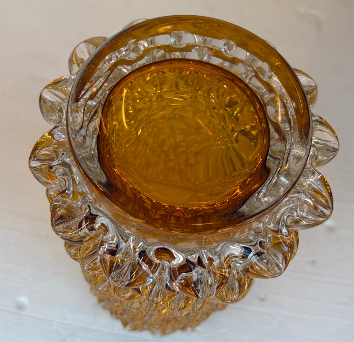 1960s “rostrato” Vase In Clear Crystal With An Amber Core, H 37 Cm, ø 17 Cm, Att Barovier-photo-2