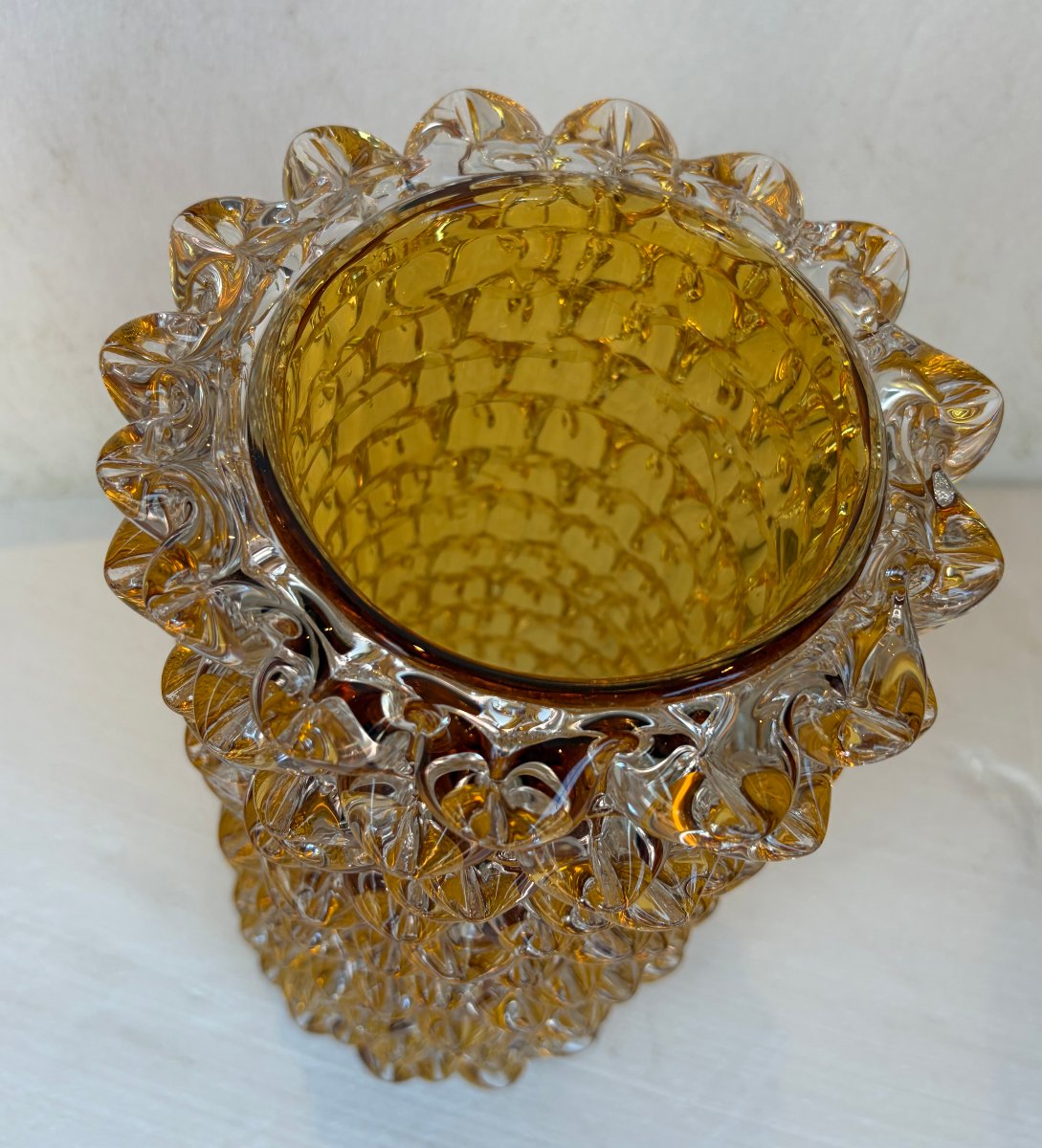 1960s “rostrato” Vase In Clear Crystal With An Amber Core, H 37 Cm, ø 17 Cm, Att Barovier-photo-2