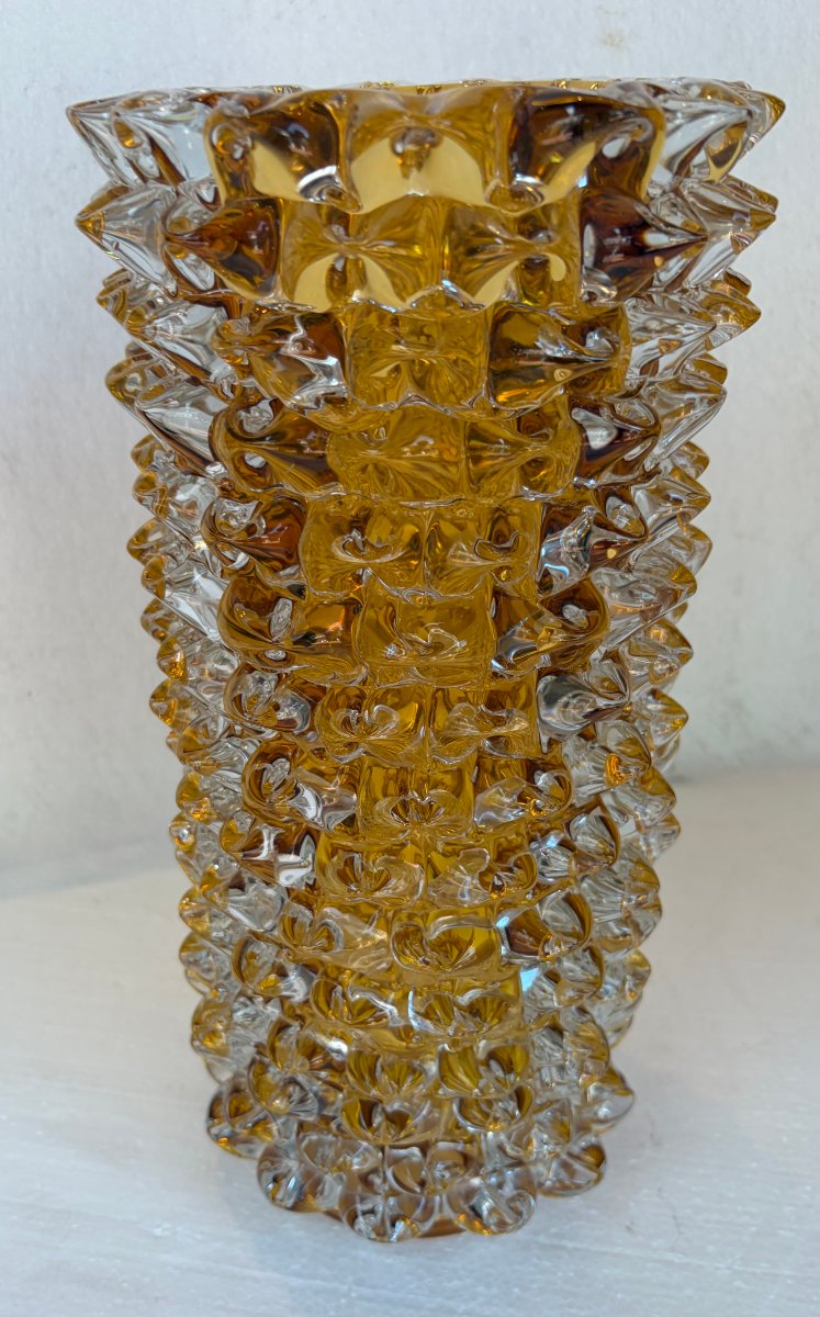 1960s “rostrato” Vase In Clear Crystal With An Amber Core, H 37 Cm, ø 17 Cm, Att Barovier