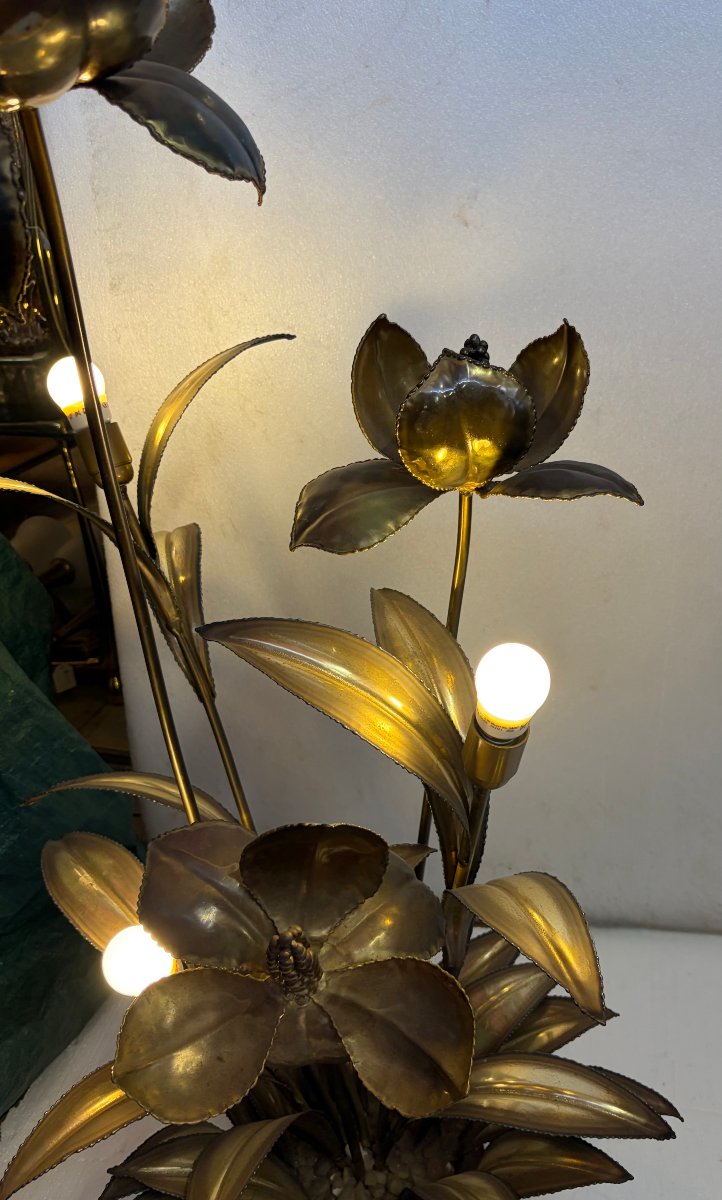 1970′ Lampadaire Palmier, en Laiton Par Barbier, Maison Jansen 3 Têtes Style Brutaliste H: 113 -photo-1