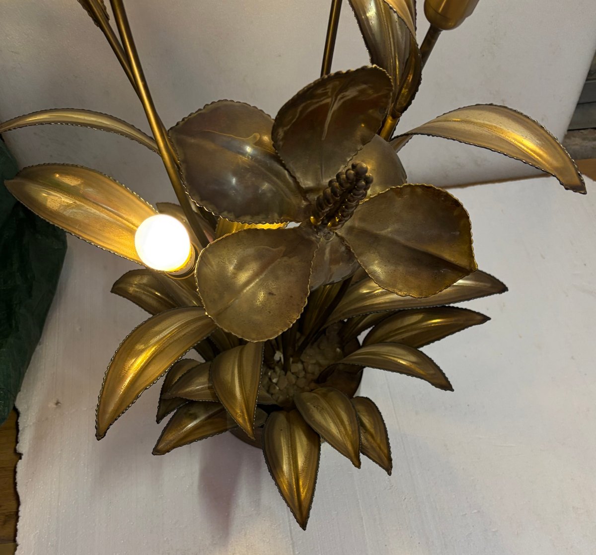 1970′ Lampadaire Palmier, en Laiton Par Barbier, Maison Jansen 3 Têtes Style Brutaliste H: 113 -photo-4