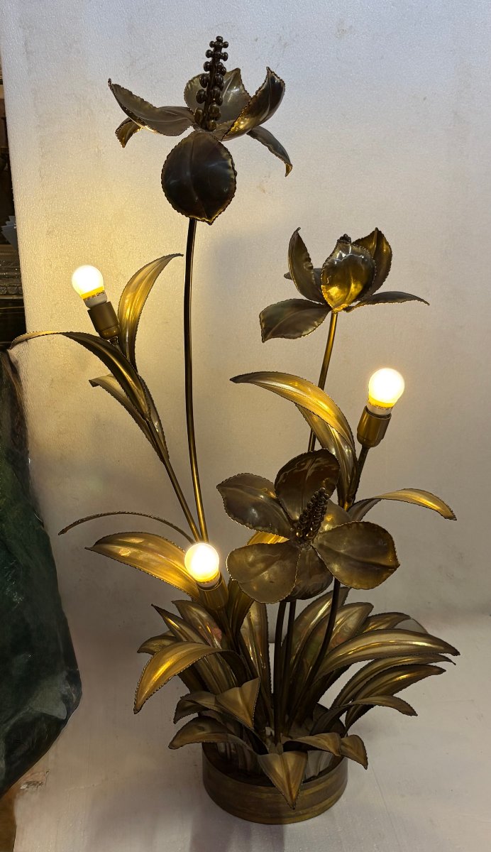 1970′ Lampadaire Palmier, en Laiton Par Barbier, Maison Jansen 3 Têtes Style Brutaliste H: 113 