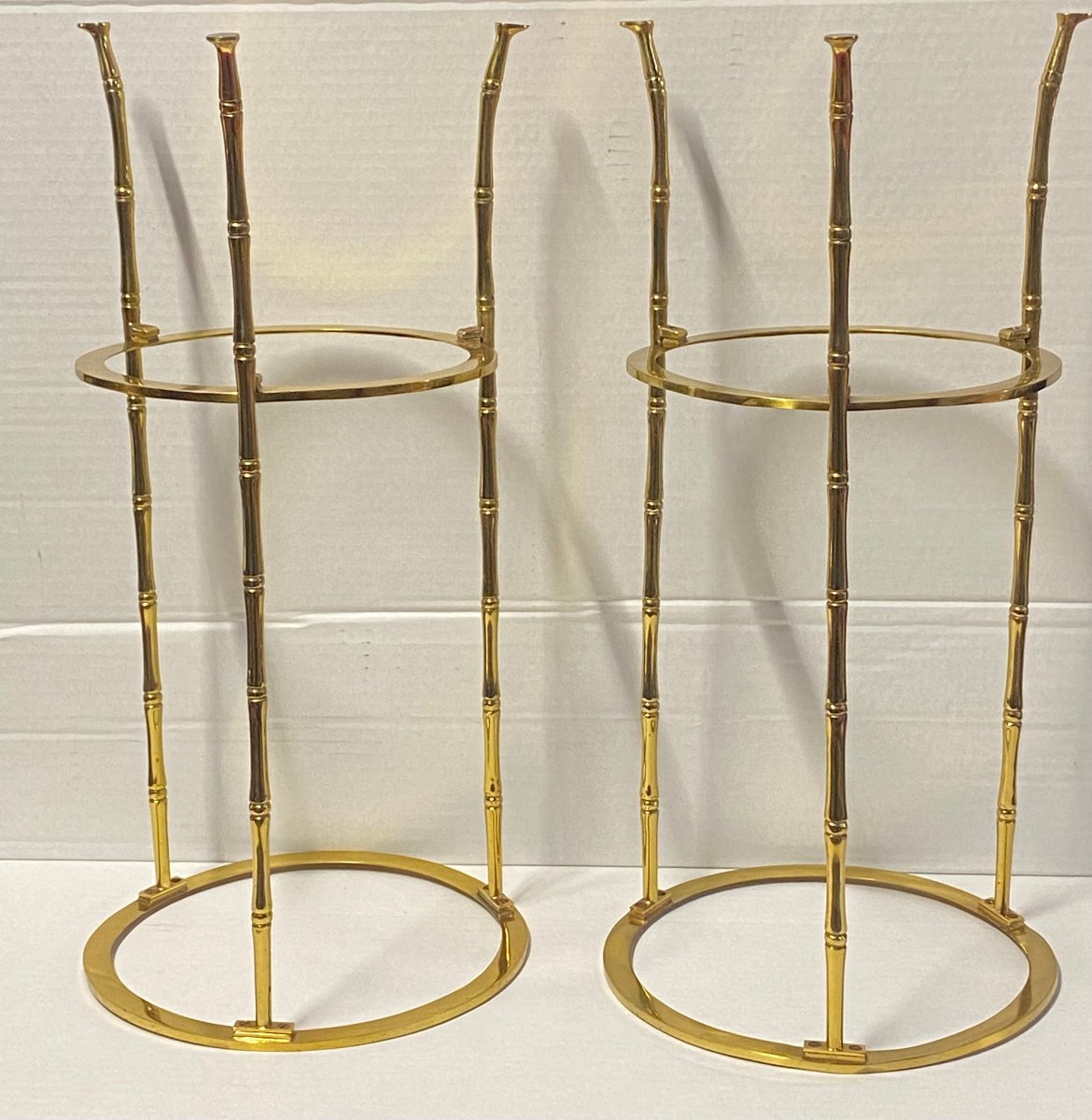 1970′ 2 Paires de Guéridons Bronze Doré Maison Bagués Décor Bambou ø 24 X H 50 cm-photo-2