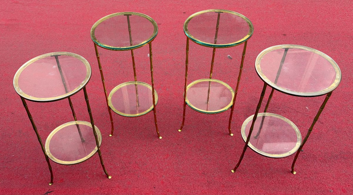 1970′ 2 Paires de Guéridons Bronze Doré Maison Bagués Décor Bambou ø 24 X H 50 cm-photo-3