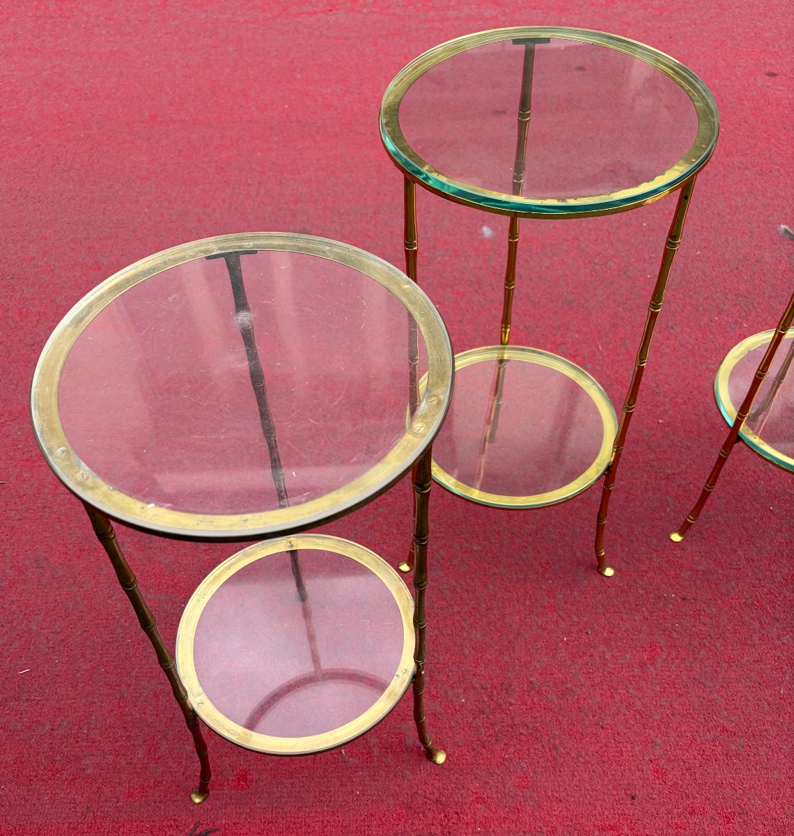 1970′ 2 Paires de Guéridons Bronze Doré Maison Bagués Décor Bambou ø 24 X H 50 cm-photo-4