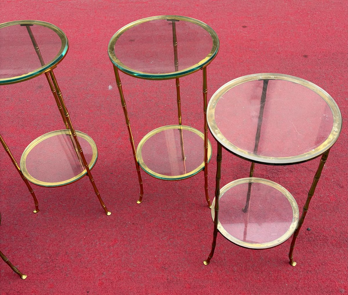 1970′ 2 Paires de Guéridons Bronze Doré Maison Bagués Décor Bambou ø 24 X H 50 cm-photo-1