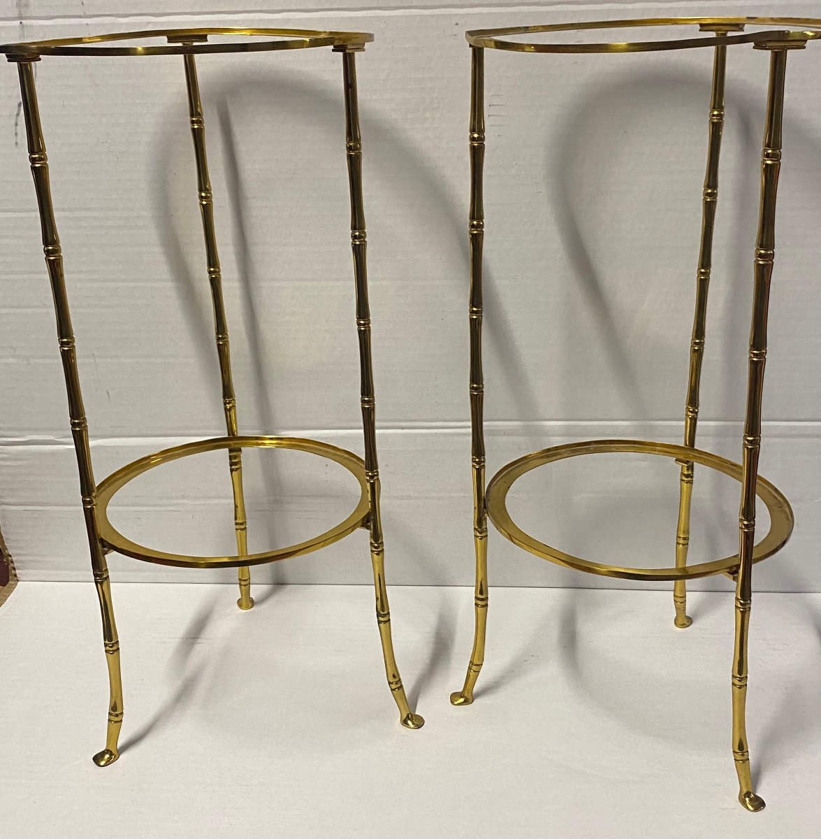 1970′ 2 Paires de Guéridons Bronze Doré Maison Bagués Décor Bambou ø 24 X H 50 cm-photo-2