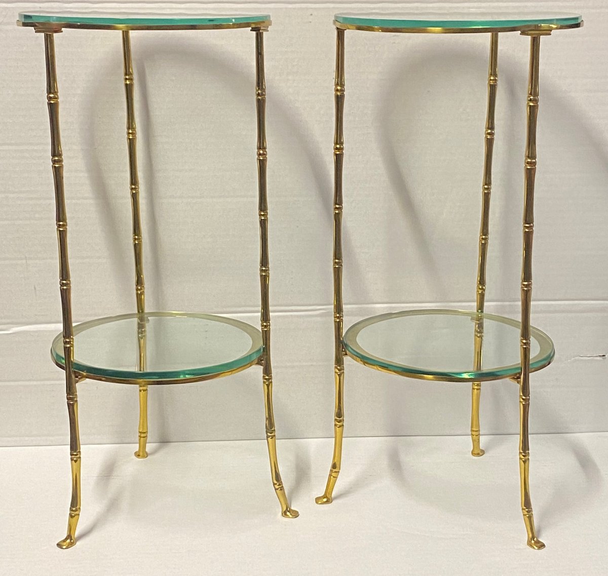 1970′ 2 Paires de Guéridons Bronze Doré Maison Bagués Décor Bambou ø 24 X H 50 cm-photo-3