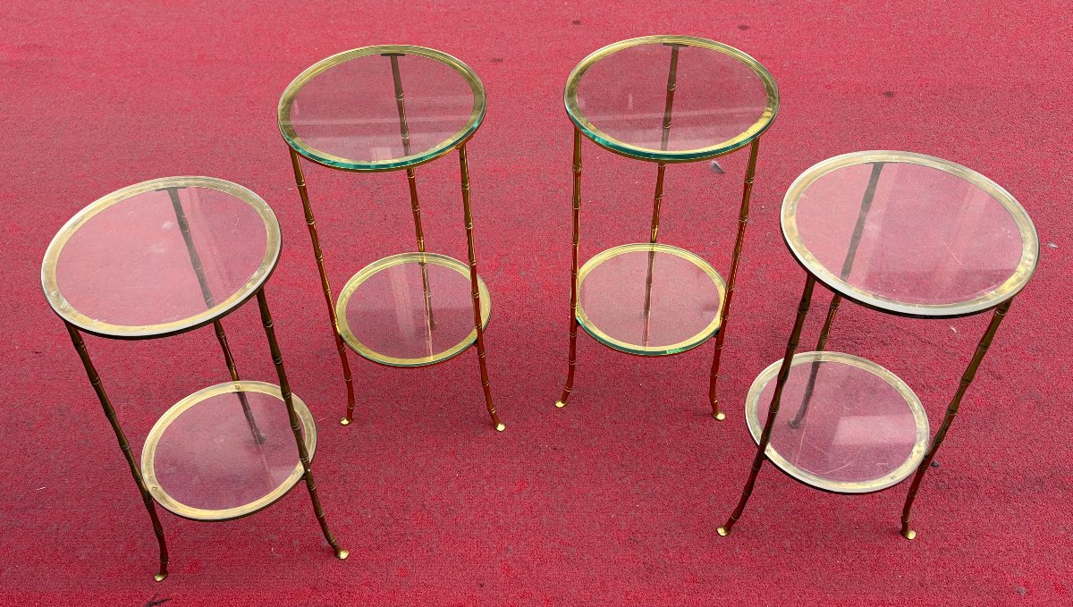 1970′ 2 Paires de Guéridons Bronze Doré Maison Bagués Décor Bambou ø 24 X H 50 cm