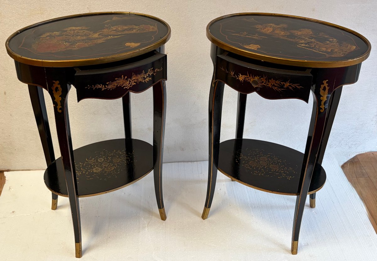 1970′ Paire de Chevets Maison Hirch Signés,Laqués Noirs à Décor Chinois Dorés-photo-2