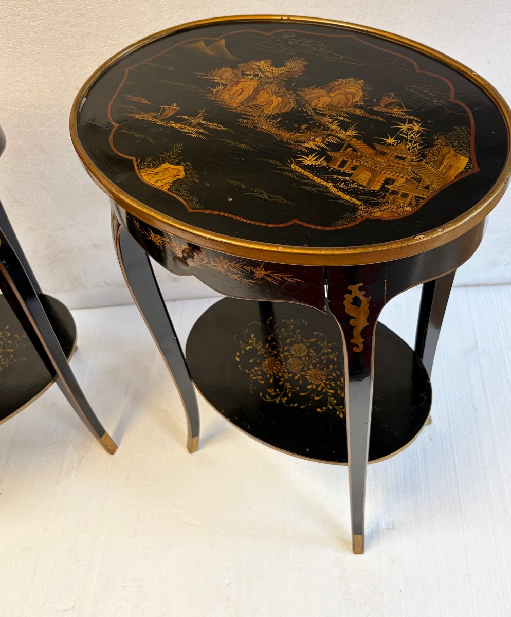 1970′ Paire de Chevets Maison Hirch Signés,Laqués Noirs à Décor Chinois Dorés-photo-3