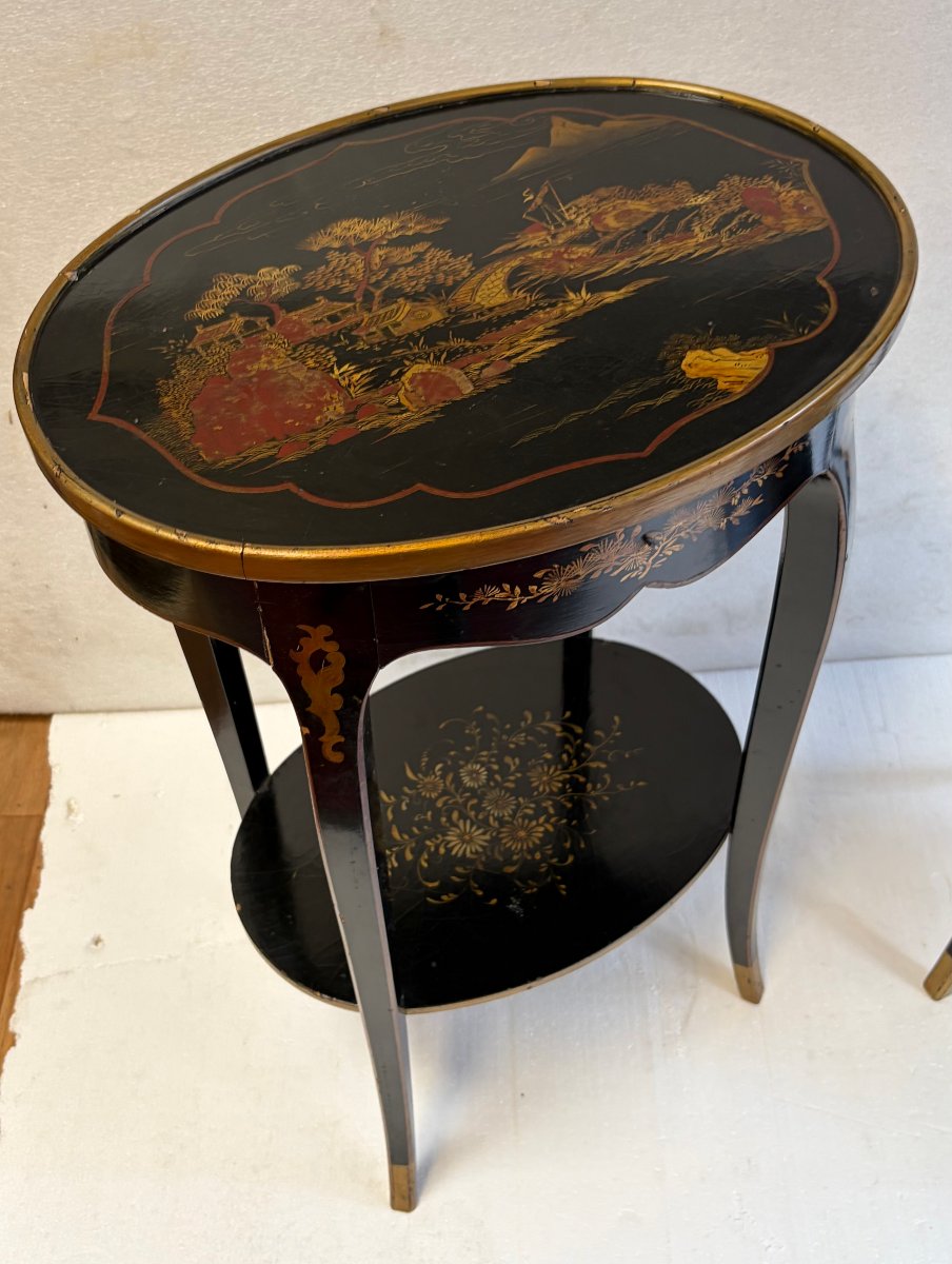1970′ Paire de Chevets Maison Hirch Signés,Laqués Noirs à Décor Chinois Dorés-photo-4
