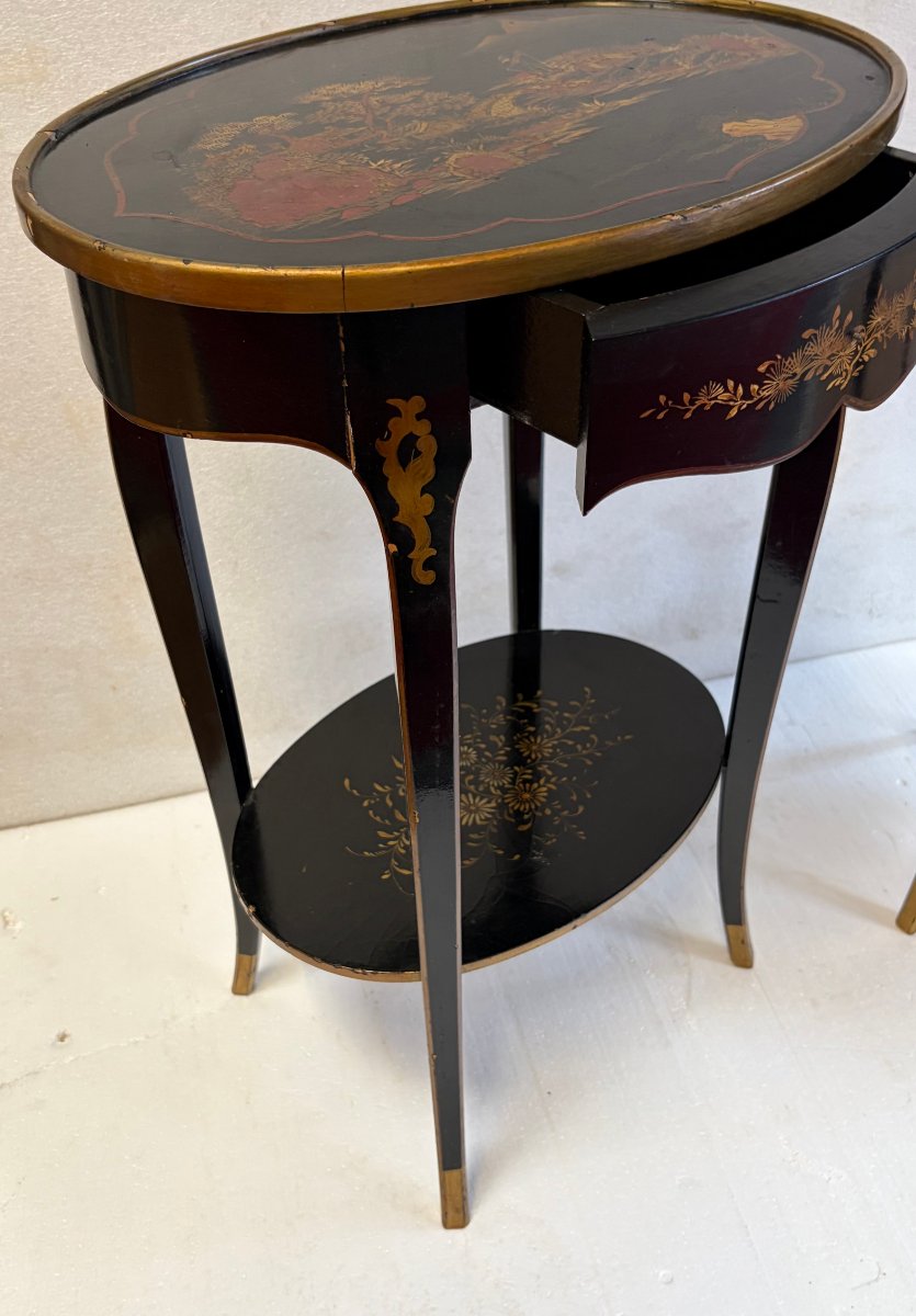 1970′ Paire de Chevets Maison Hirch Signés,Laqués Noirs à Décor Chinois Dorés-photo-1