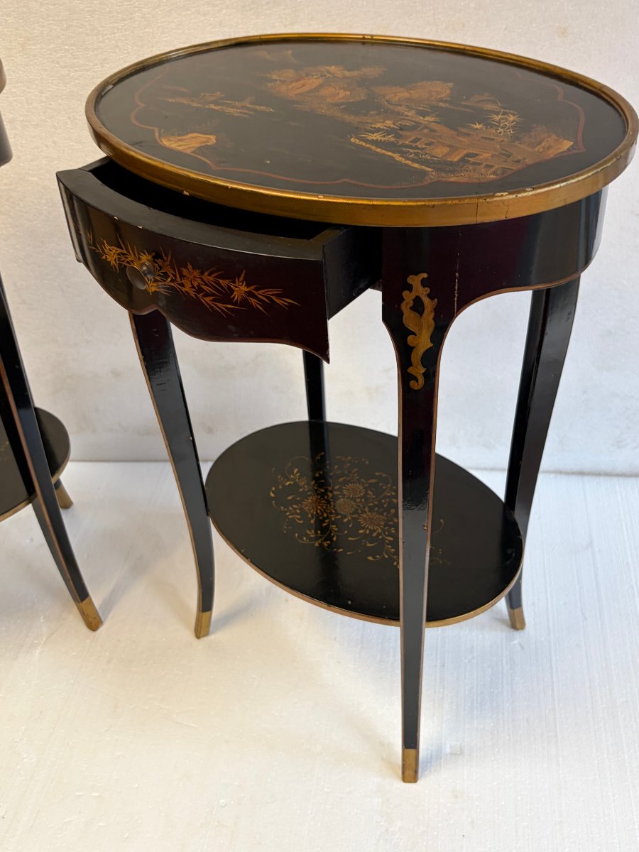 1970′ Paire de Chevets Maison Hirch Signés,Laqués Noirs à Décor Chinois Dorés-photo-3