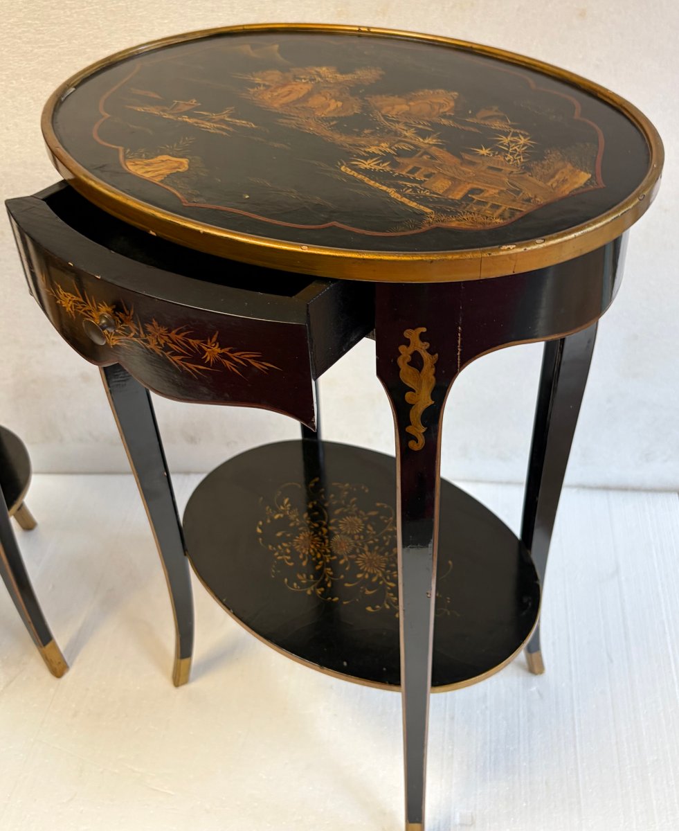 1970′ Paire de Chevets Maison Hirch Signés,Laqués Noirs à Décor Chinois Dorés-photo-4