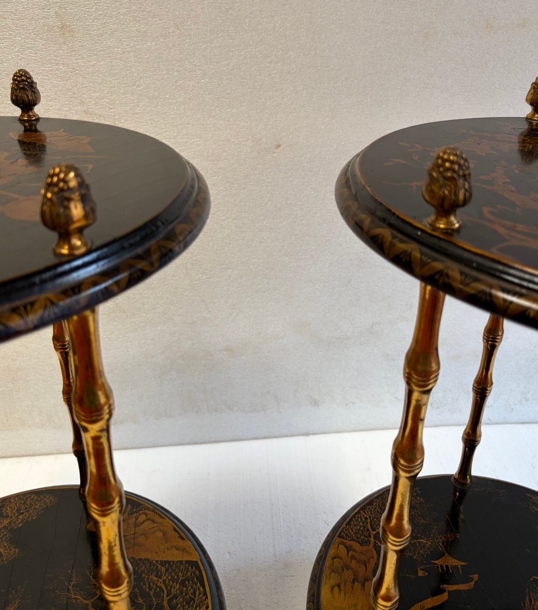 1950s–1970s Pair Of Baguès Side Tables With Bamboo Design, Gilded Bronze, Chinese Lacquered Tops -photo-2