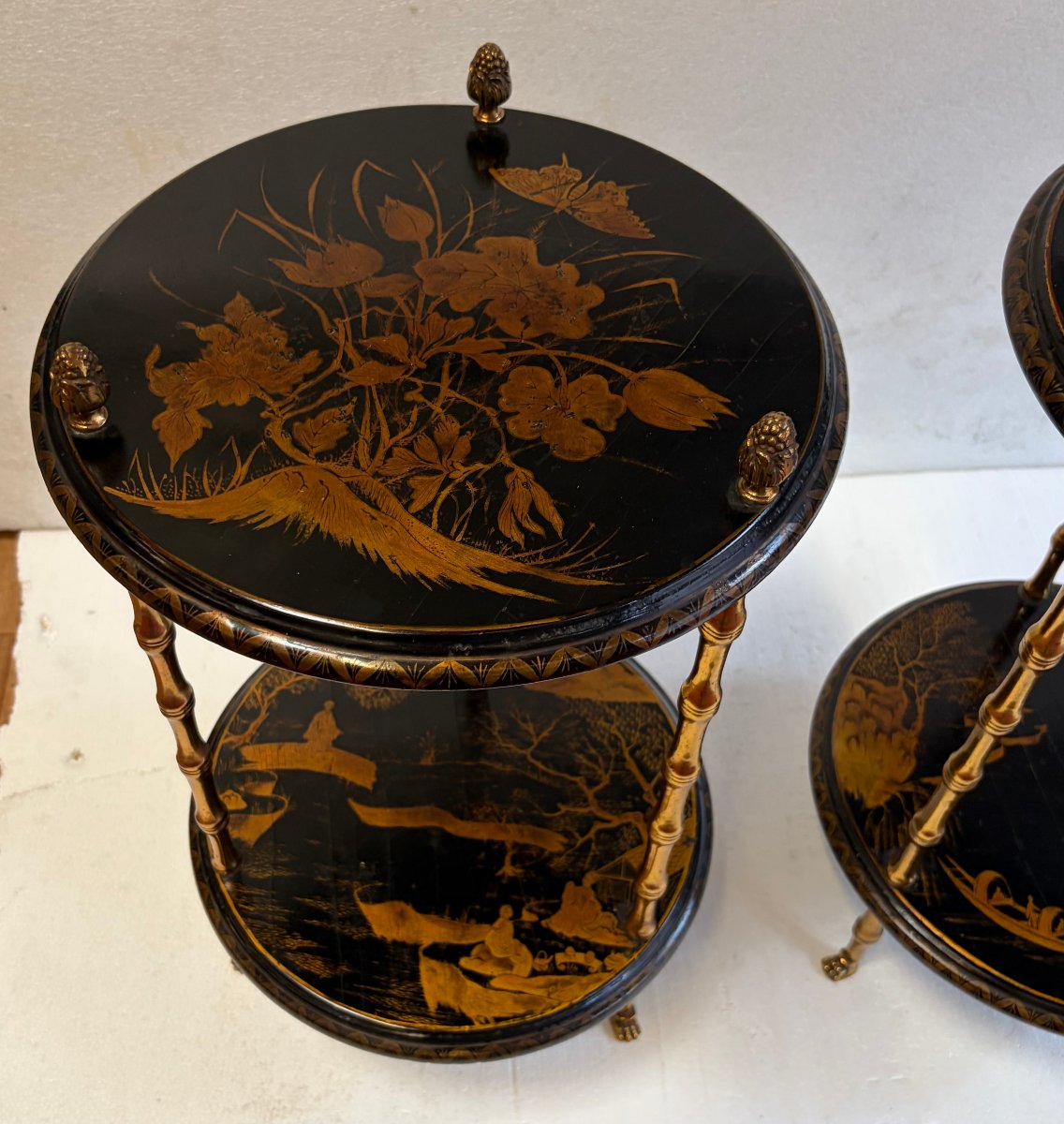 1950s–1970s Pair Of Baguès Side Tables With Bamboo Design, Gilded Bronze, Chinese Lacquered Tops -photo-3