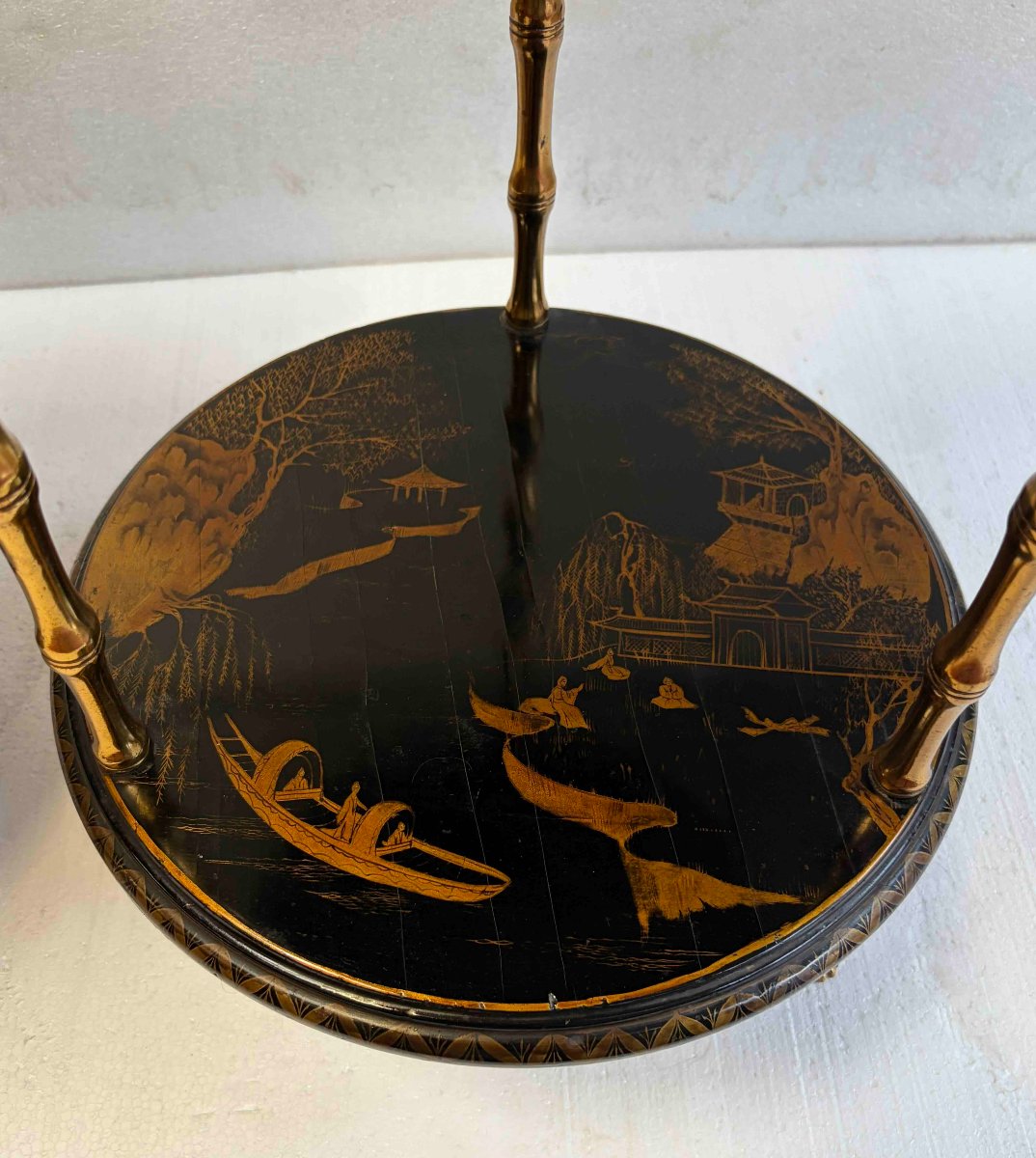 1950s–1970s Pair Of Baguès Side Tables With Bamboo Design, Gilded Bronze, Chinese Lacquered Tops -photo-2