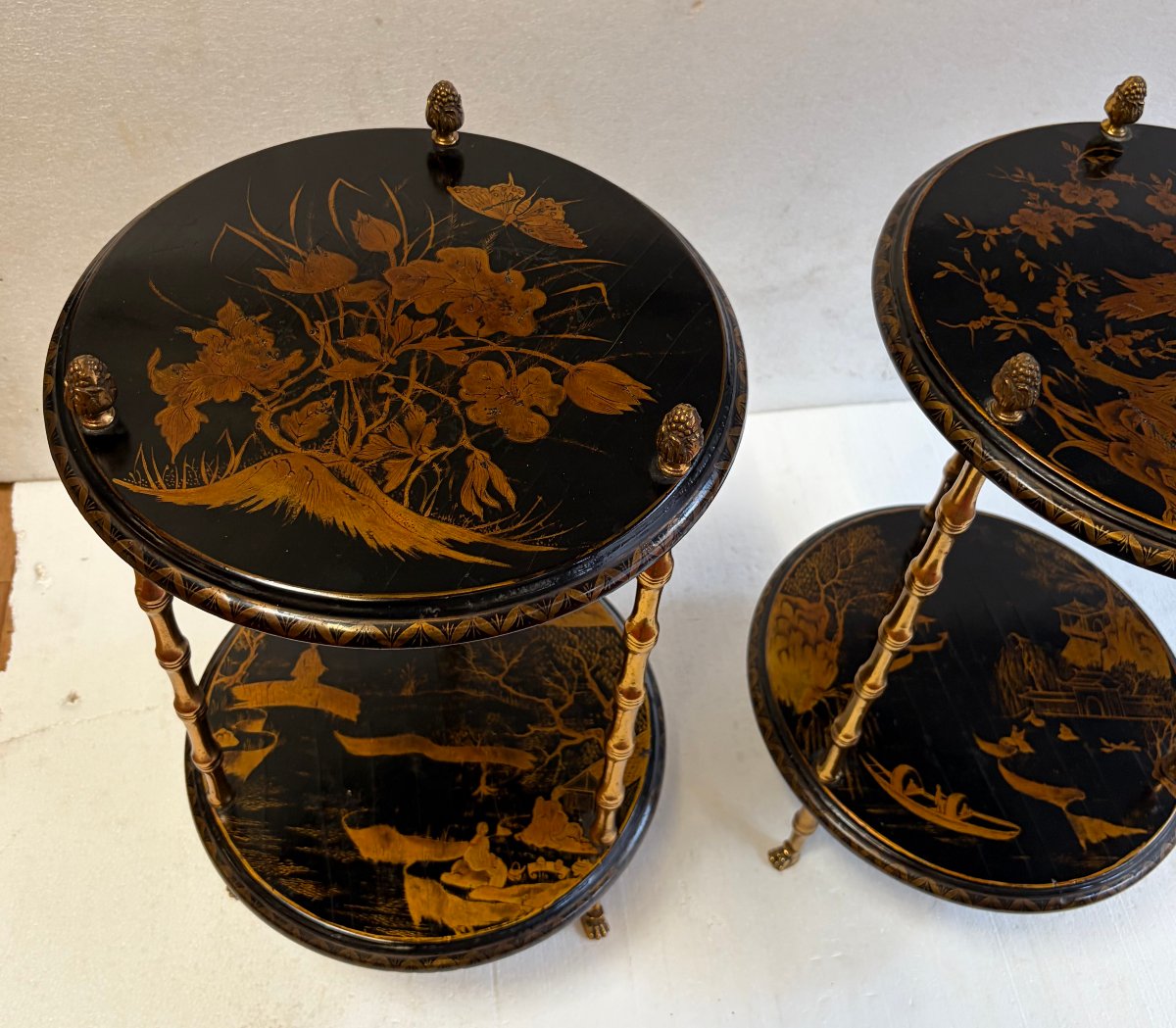 1950s–1970s Pair Of Baguès Side Tables With Bamboo Design, Gilded Bronze, Chinese Lacquered Tops -photo-5