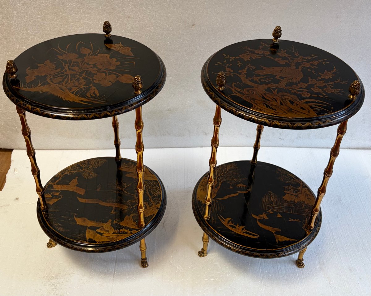 1950s–1970s Pair Of Baguès Side Tables With Bamboo Design, Gilded Bronze, Chinese Lacquered Tops 