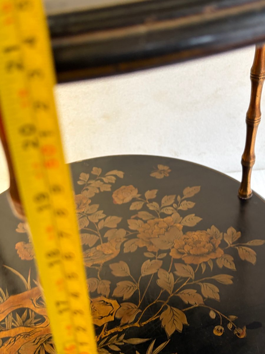 1950s/1970s Maison Baguès Side Table, Bamboo Design, Gilded Bronze With Chinese Lacquer Trays, ø 49 Cm-photo-4