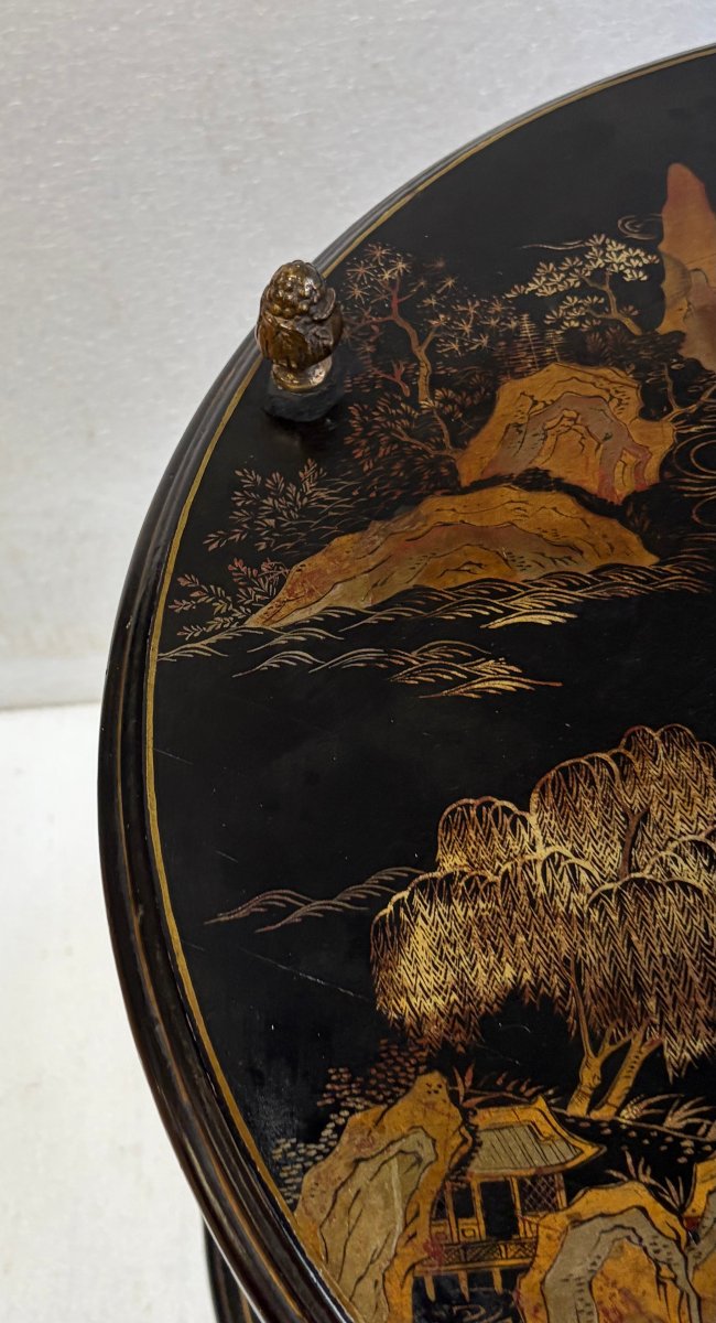 1950s/1970s Maison Baguès Side Table, Bamboo Design, Gilded Bronze With Chinese Lacquer Trays, ø 49 Cm-photo-3