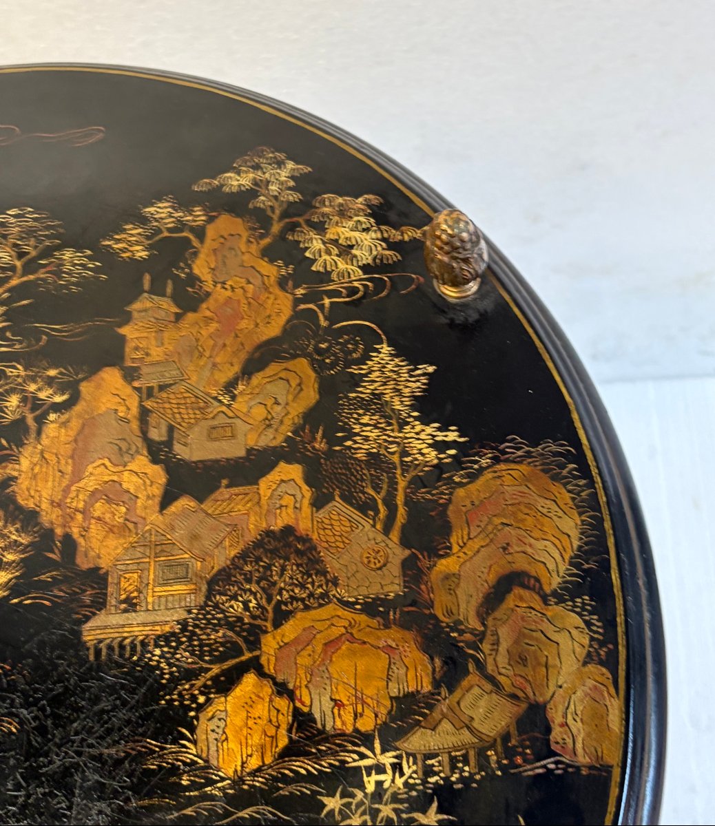 1950s/1970s Maison Baguès Side Table, Bamboo Design, Gilded Bronze With Chinese Lacquer Trays, ø 49 Cm-photo-4