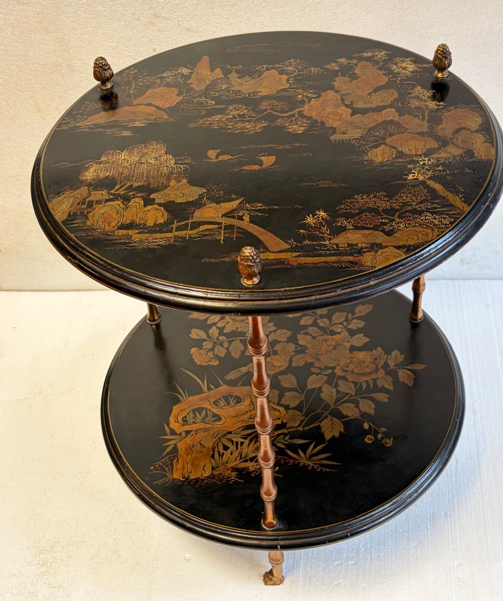 1950s/1970s Maison Baguès Side Table, Bamboo Design, Gilded Bronze With Chinese Lacquer Trays, ø 49 Cm