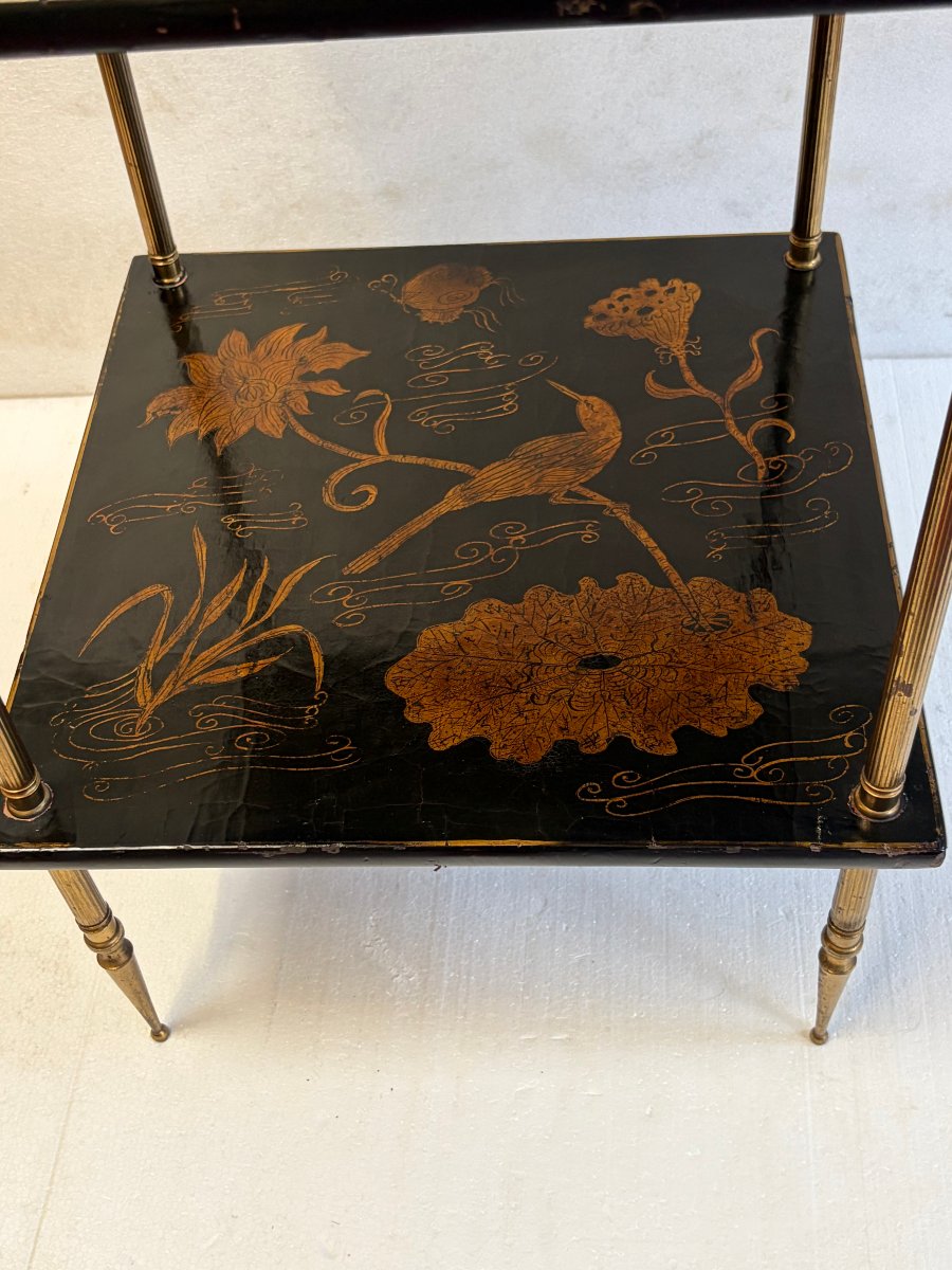 1950s–1970s Maison Baguès Side Table, Bamboo Design, Gilded Bronze, Chinese Lacquer Tops, 42 X 42 X H 66-photo-2