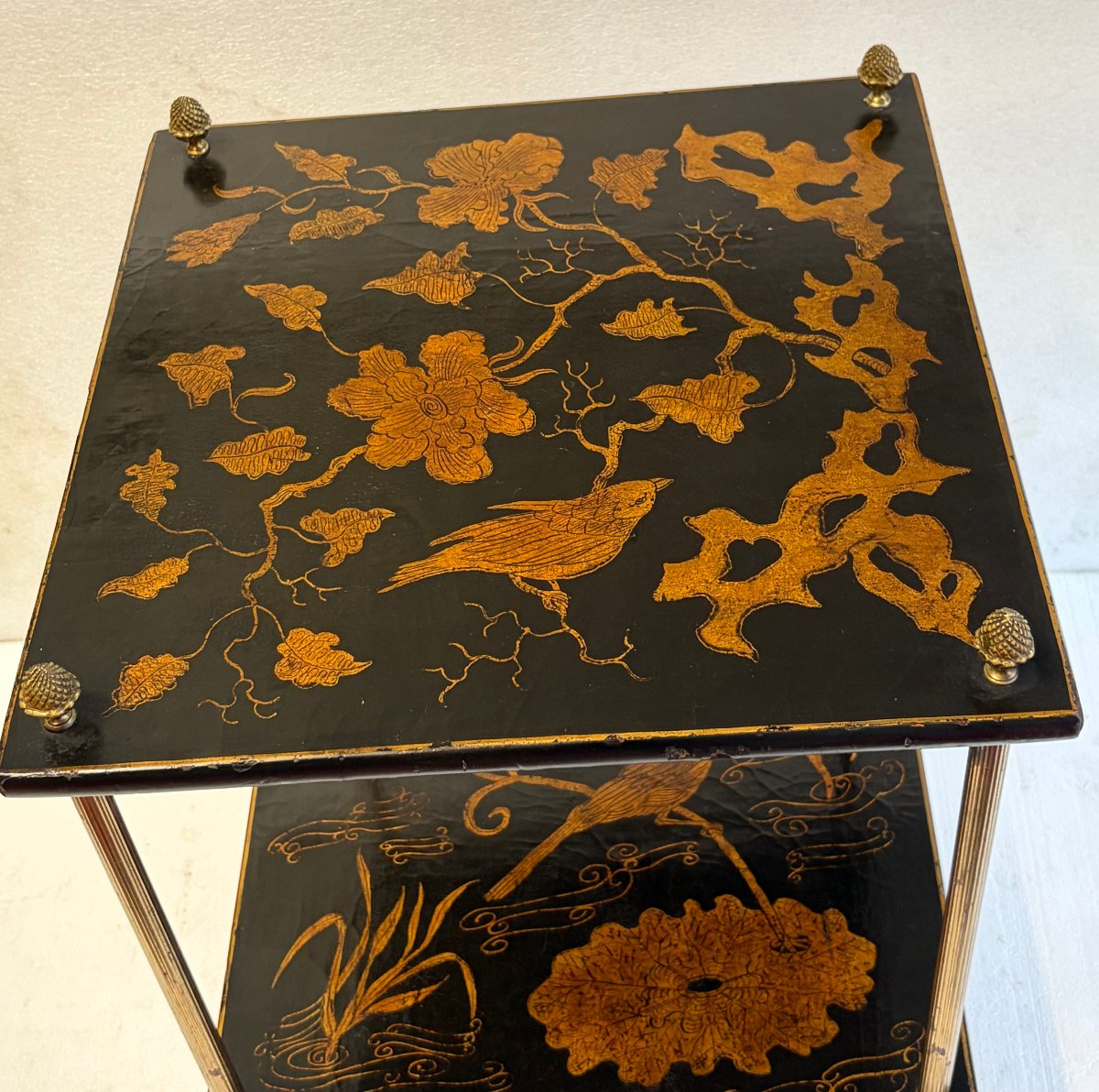 1950s–1970s Maison Baguès Side Table, Bamboo Design, Gilded Bronze, Chinese Lacquer Tops, 42 X 42 X H 66-photo-1