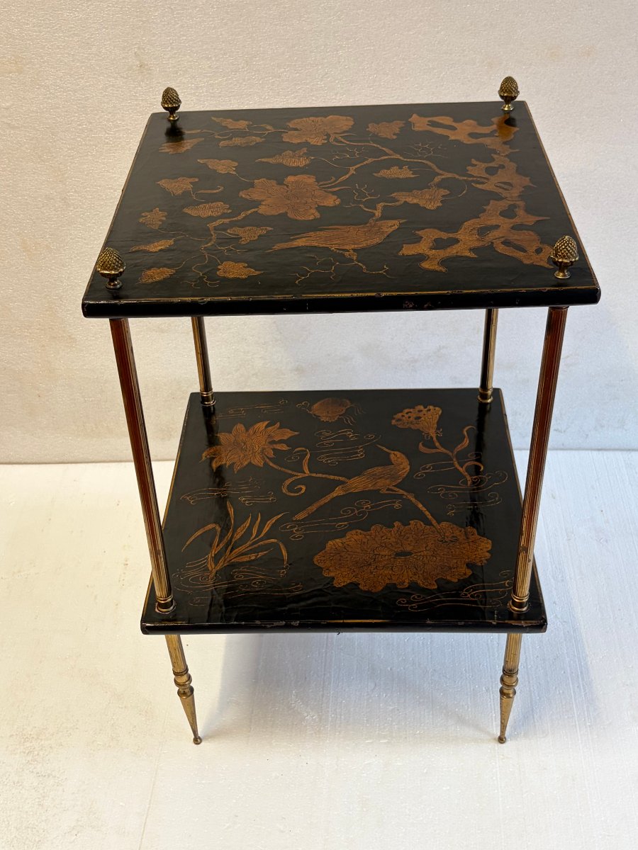 1950s–1970s Maison Baguès Side Table, Bamboo Design, Gilded Bronze, Chinese Lacquer Tops, 42 X 42 X H 66