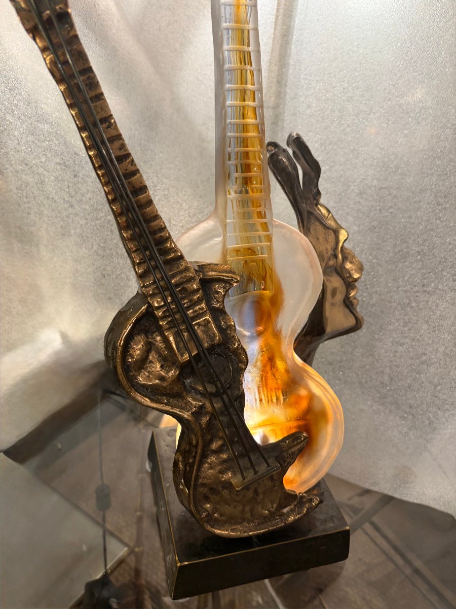 1970/80 Lampe Guitare En Bronze Et Pate De Verre , Sculpture Signée LOHE-photo-2