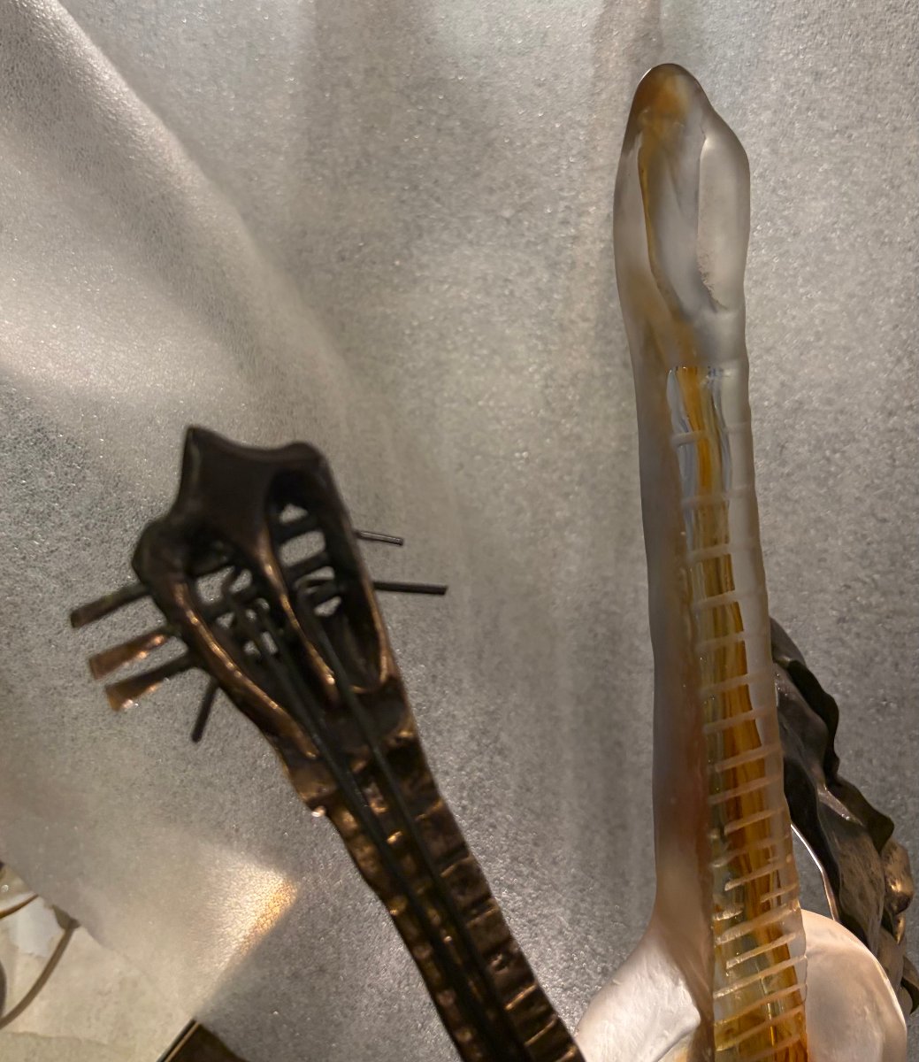 1970/80 Lampe Guitare En Bronze Et Pate De Verre , Sculpture Signée LOHE-photo-1