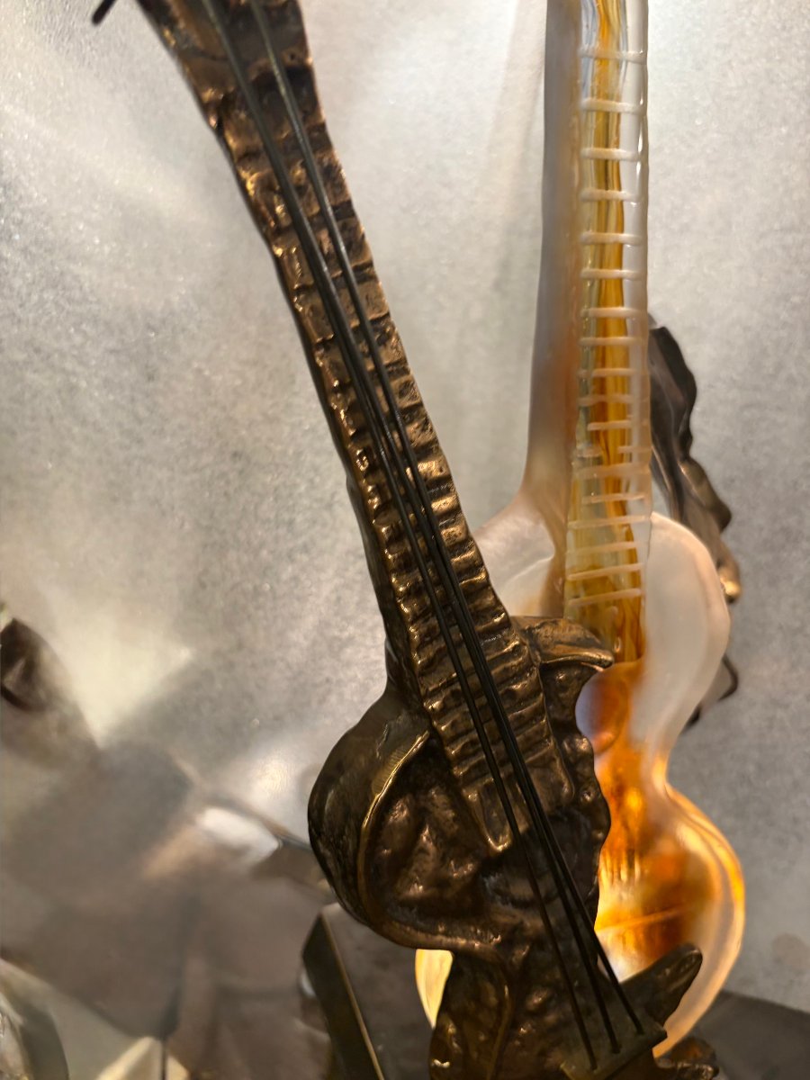 1970/80 Lampe Guitare En Bronze Et Pate De Verre , Sculpture Signée LOHE-photo-2