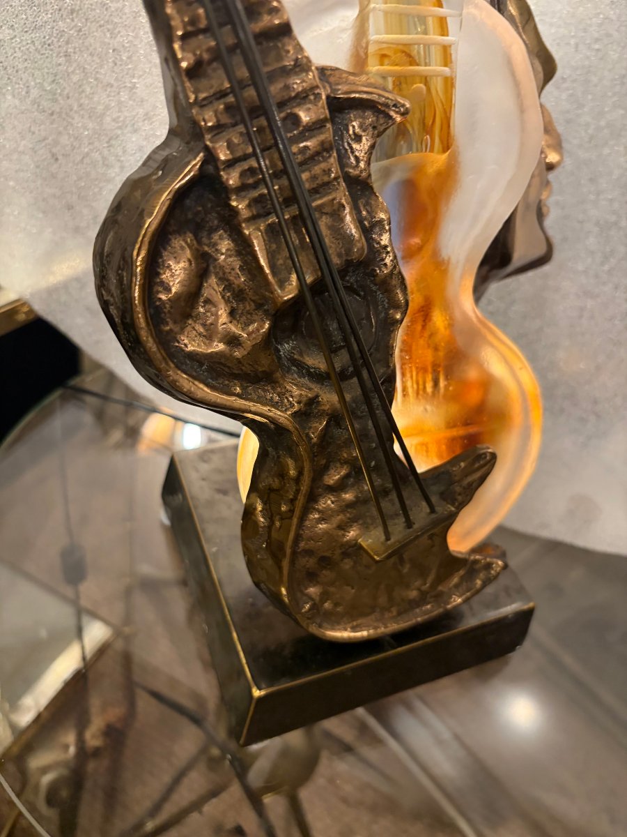 1970/80 Lampe Guitare En Bronze Et Pate De Verre , Sculpture Signée LOHE-photo-3