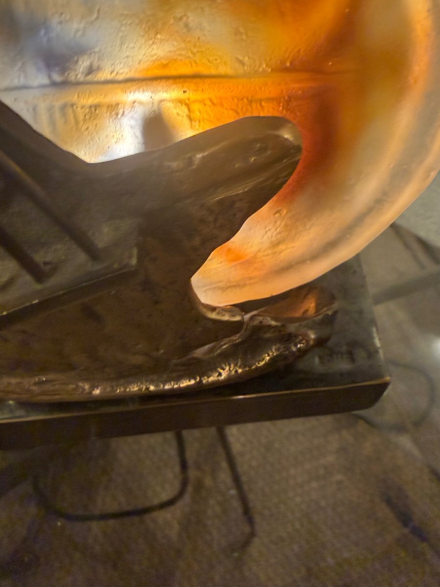 1970/80 Lampe Guitare En Bronze Et Pate De Verre , Sculpture Signée LOHE-photo-4