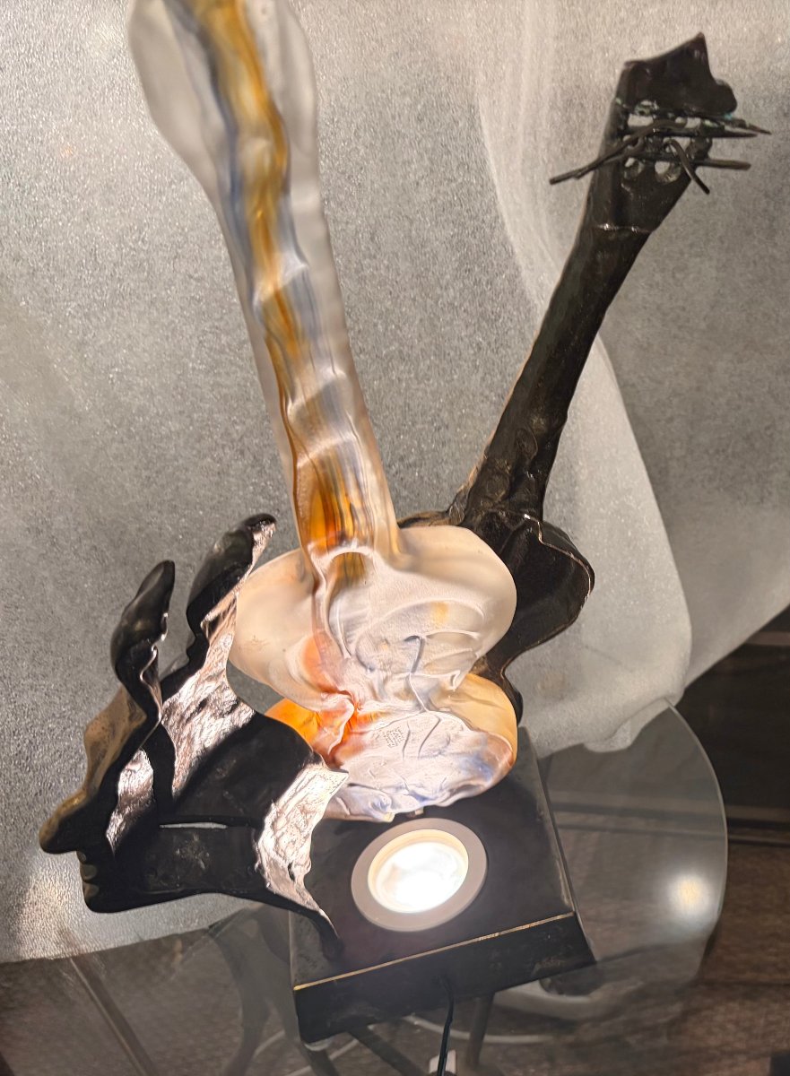 1970/80 Lampe Guitare En Bronze Et Pate De Verre , Sculpture Signée LOHE-photo-6
