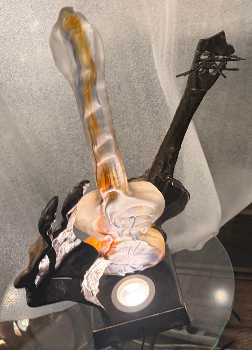 1970/80 Lampe Guitare En Bronze Et Pate De Verre , Sculpture Signée LOHE-photo-7
