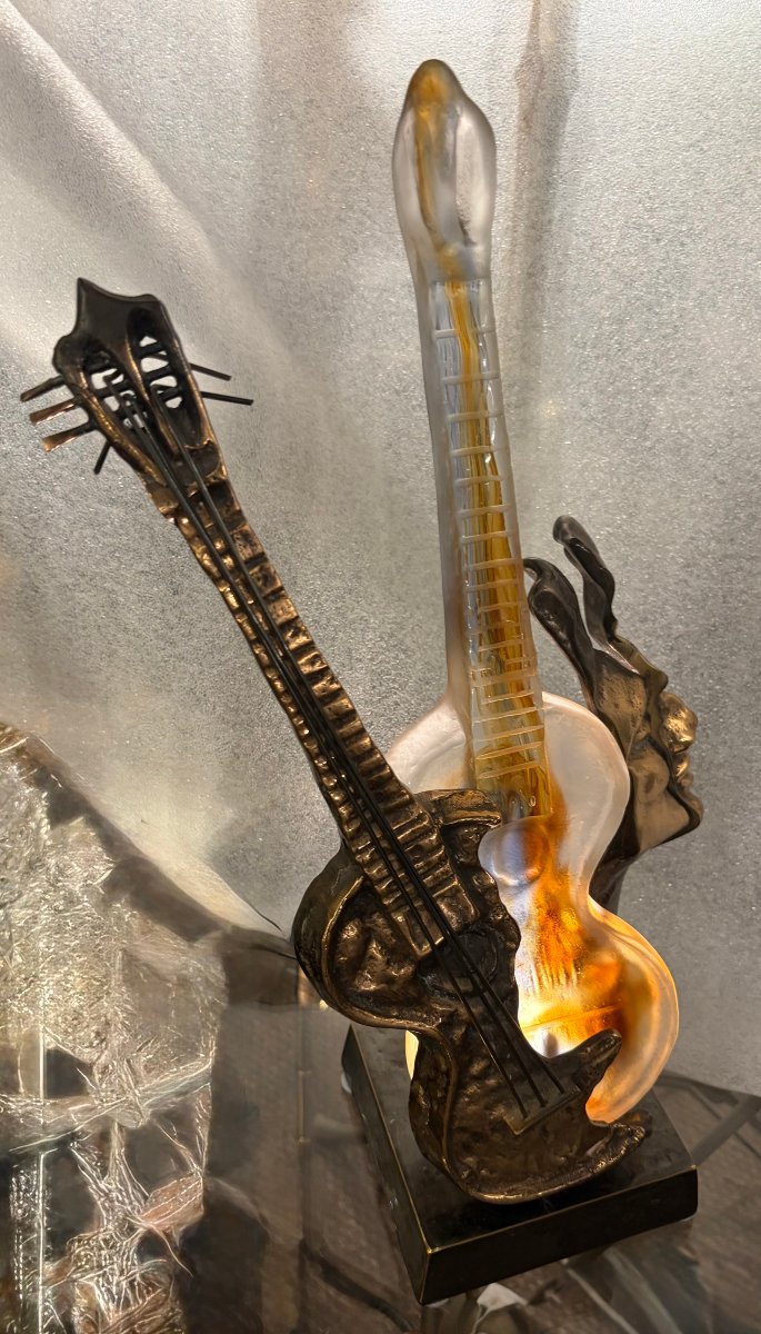 1970/80 Lampe Guitare En Bronze Et Pate De Verre , Sculpture Signée LOHE