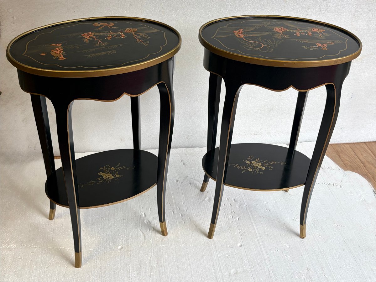 1970s: Pair Of Signed Maison Hirch Nightstands, Black Lacquered With Gold Chinese Decorations, 2nd Series-photo-2