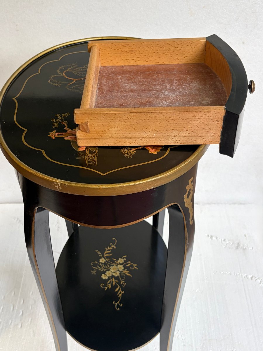 1970s: Pair Of Signed Maison Hirch Nightstands, Black Lacquered With Gold Chinese Decorations, 2nd Series-photo-3