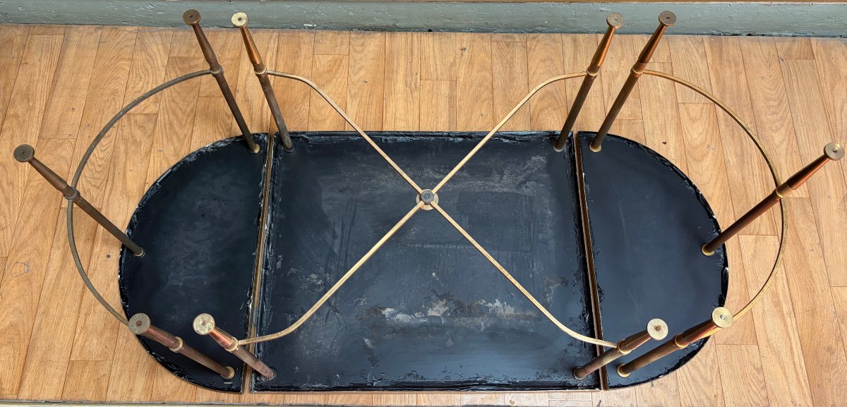 1970s Tripartite Bronze Table, Tops In Aged Oxidized Mirror, Maison Baguès Style-photo-2