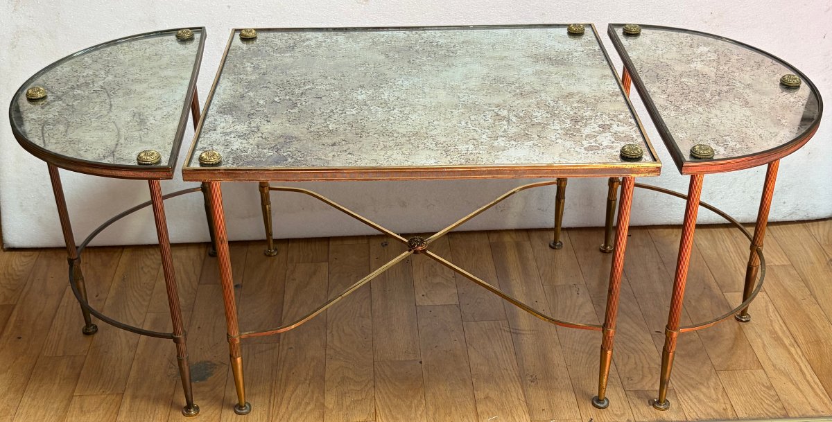 1970s Tripartite Bronze Table, Tops In Aged Oxidized Mirror, Maison Baguès Style-photo-3
