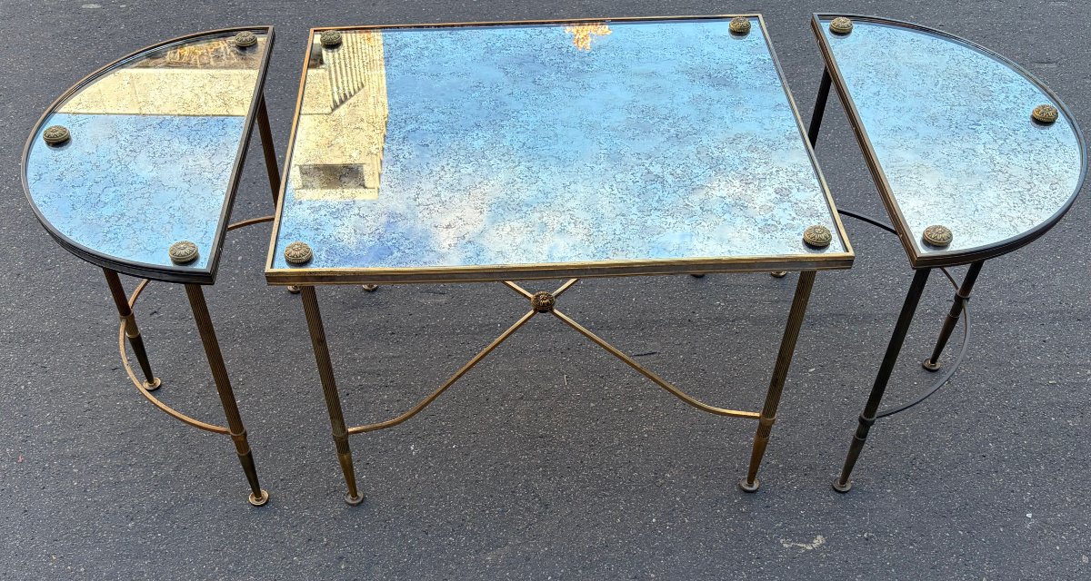 1970s Tripartite Bronze Table, Tops In Aged Oxidized Mirror, Maison Baguès Style-photo-4