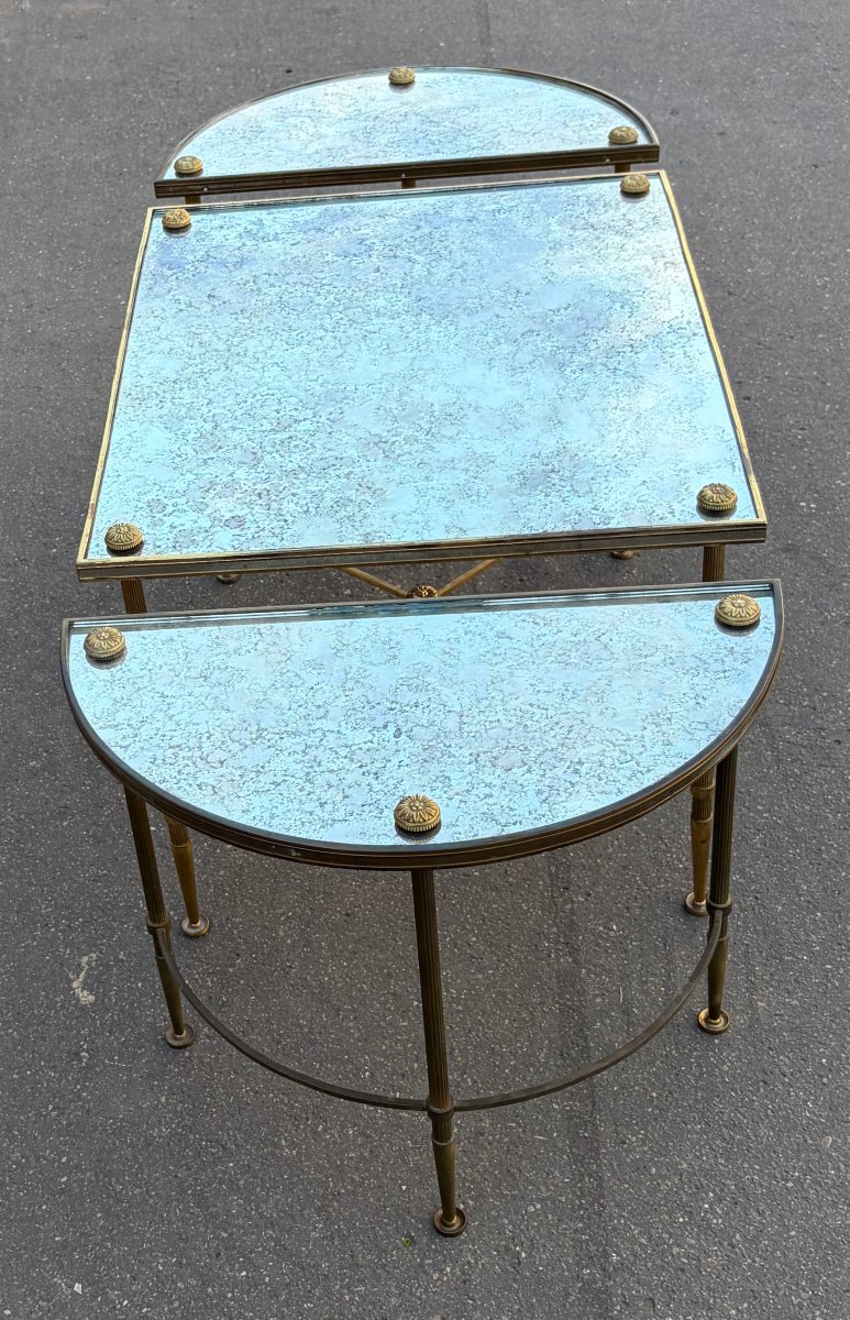 1970s Tripartite Bronze Table, Tops In Aged Oxidized Mirror, Maison Baguès Style-photo-4
