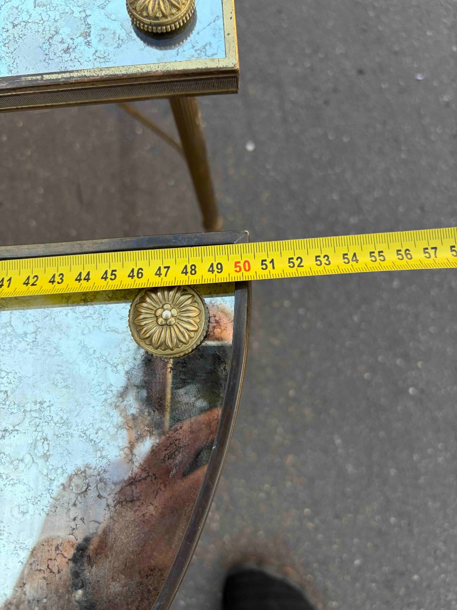 1970s Tripartite Bronze Table, Tops In Aged Oxidized Mirror, Maison Baguès Style-photo-5